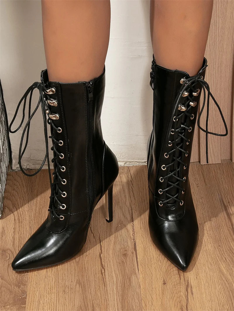 Fashion Black Chelsea Boots Women High Quality PU Leather Pointed Toe Party Nightclub Stiletto Heels Zip Lace-Up Shoes Booties