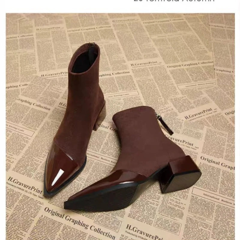Ankle Boots Women Chunky Mid Heels Suede Shoes Woman Pointed Toe 2026 Trend Winter New Goth Walking Snow Chelsea