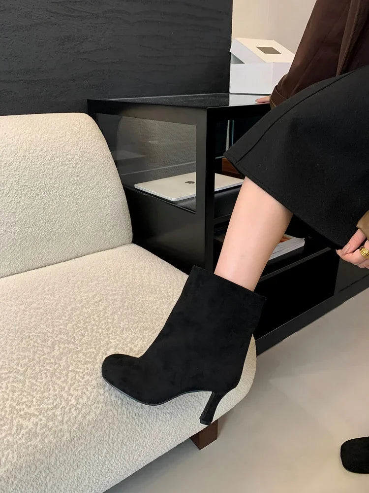 Eilyken Street Style Pleated Round Toe Women Ankle Boots Thin Heels Shoes Winter Concise Chelsea Short Botas Mujer