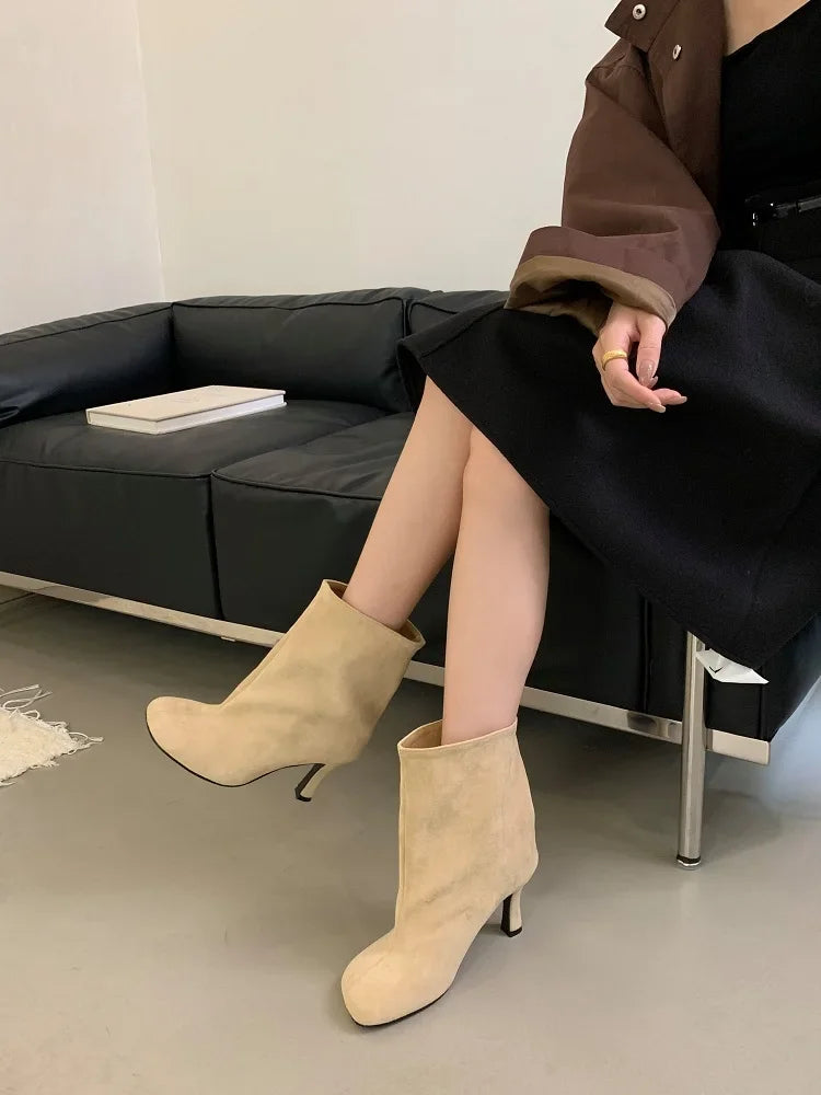 Eilyken Street Style Pleated Round Toe Women Ankle Boots Thin Heels Shoes Winter Concise Chelsea Short Botas Mujer