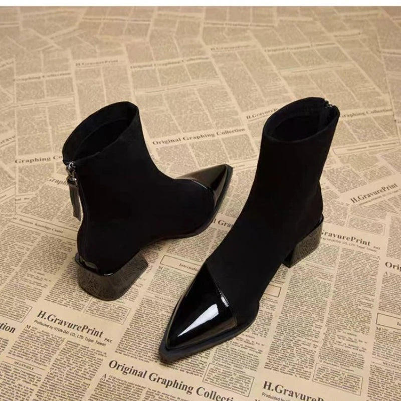 Ankle Boots Women Chunky Mid Heels Suede Shoes Woman Pointed Toe 2026 Trend Winter New Goth Walking Snow Chelsea