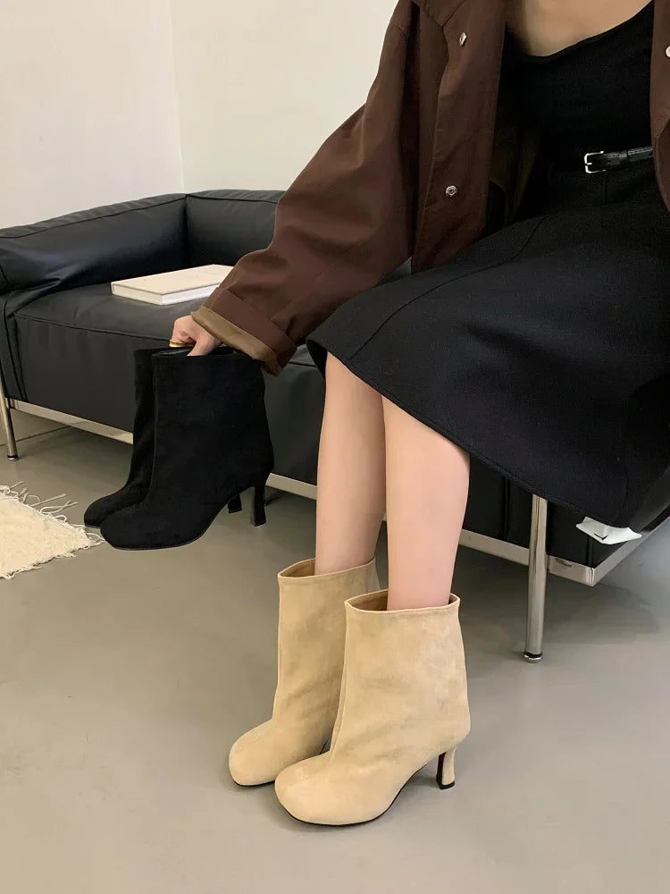 Eilyken Street Style Pleated Round Toe Women Ankle Boots Thin Heels Shoes Winter Concise Chelsea Short Botas Mujer