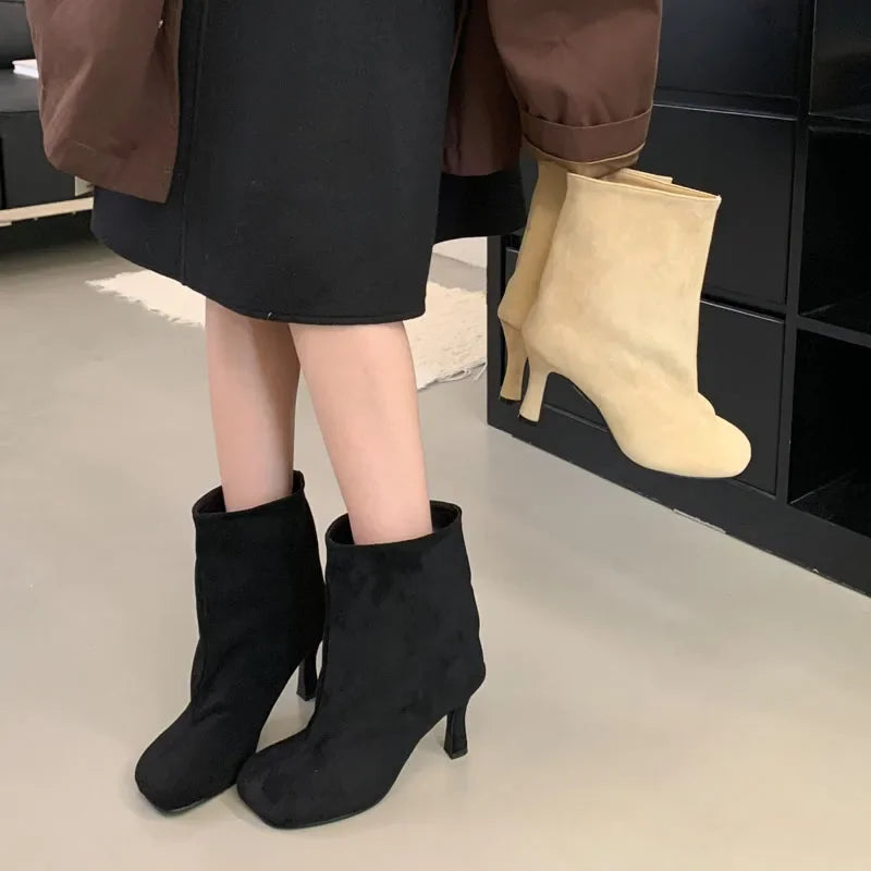 Eilyken Street Style Pleated Round Toe Women Ankle Boots Thin Heels Shoes Winter Concise Chelsea Short Botas Mujer