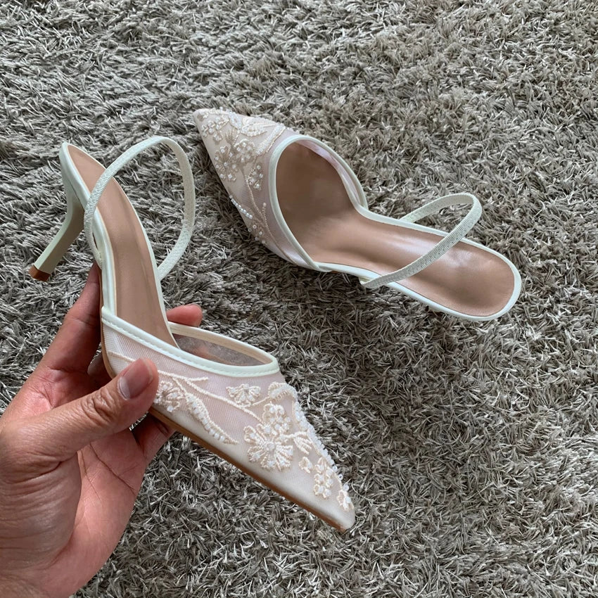 Luxury Brand High Heels Women Sandals Mesh Embroider Elegant Pointed Ladies Slingback Party Wedding Bridal Dress Shoes Woman