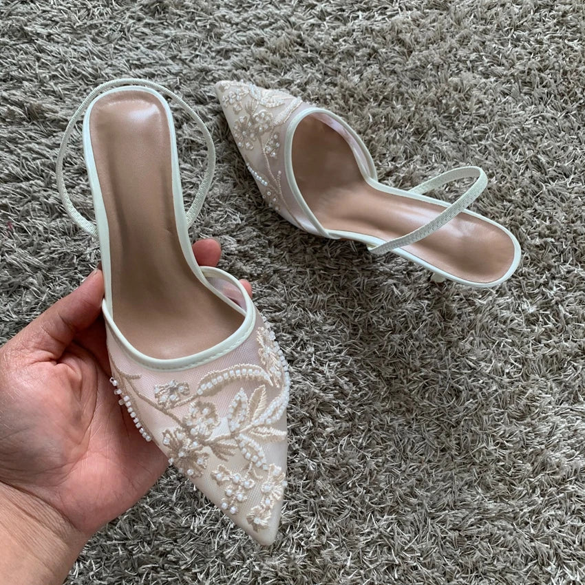 Luxury Brand High Heels Women Sandals Mesh Embroider Elegant Pointed Ladies Slingback Party Wedding Bridal Dress Shoes Woman