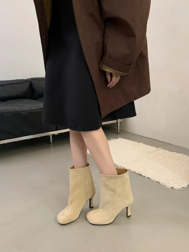 Eilyken Street Style Pleated Round Toe Women Ankle Boots Thin Heels Shoes Winter Concise Chelsea Short Botas Mujer