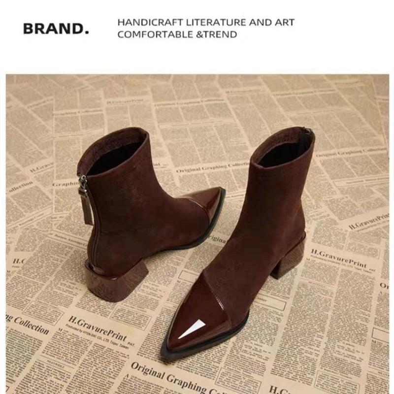 Ankle Boots Women Chunky Mid Heels Suede Shoes Woman Pointed Toe 2026 Trend Winter New Goth Walking Snow Chelsea