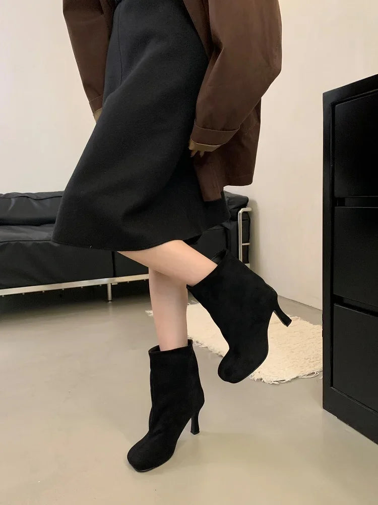 Eilyken Street Style Pleated Round Toe Women Ankle Boots Thin Heels Shoes Winter Concise Chelsea Short Botas Mujer
