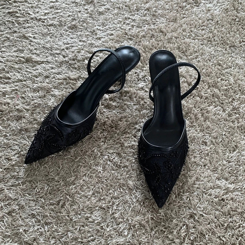Luxury Brand High Heels Women Sandals Mesh Embroider Elegant Pointed Ladies Slingback Party Wedding Bridal Dress Shoes Woman