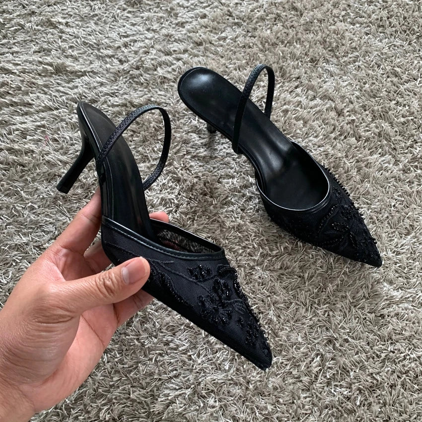Luxury Brand High Heels Women Sandals Mesh Embroider Elegant Pointed Ladies Slingback Party Wedding Bridal Dress Shoes Woman